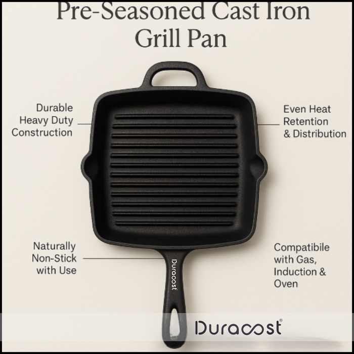 DuraCast® Premium Cast Iron Grill Pan – Heavy Duty Non-Stick Pan for Perfect Grilling & Searing