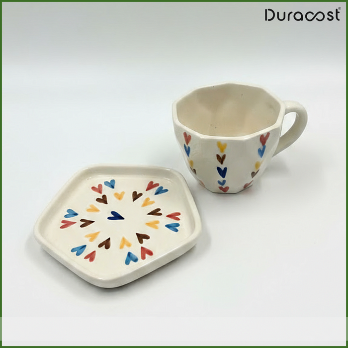 DuraSip™ HeartSong Ceramic Cup & Saucer Set of 2 – Handcrafted Heart Design Tea & Coffee Set | Premium Gift Collection