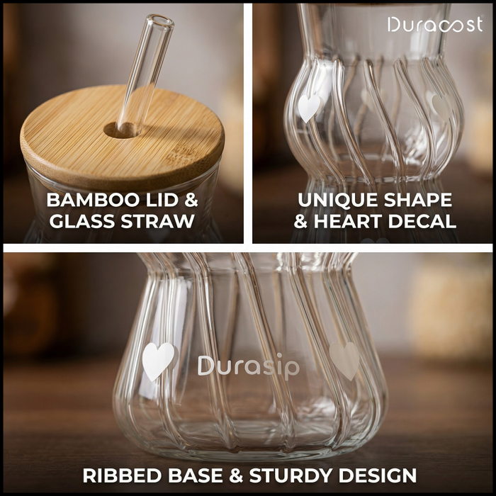 DuraSip™ Love Swirl – Glass Tumbler Set of 2 | Heart Design Sipper Cups with Lid & Straw