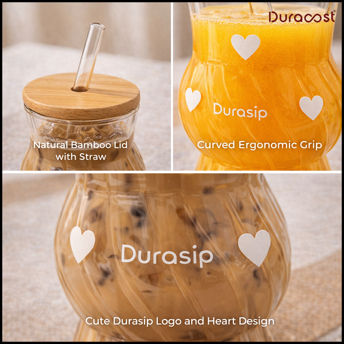 DuraSip™ Love Swirl – Glass Tumbler Set of 2 | Heart Design Sipper Cups with Lid & Straw