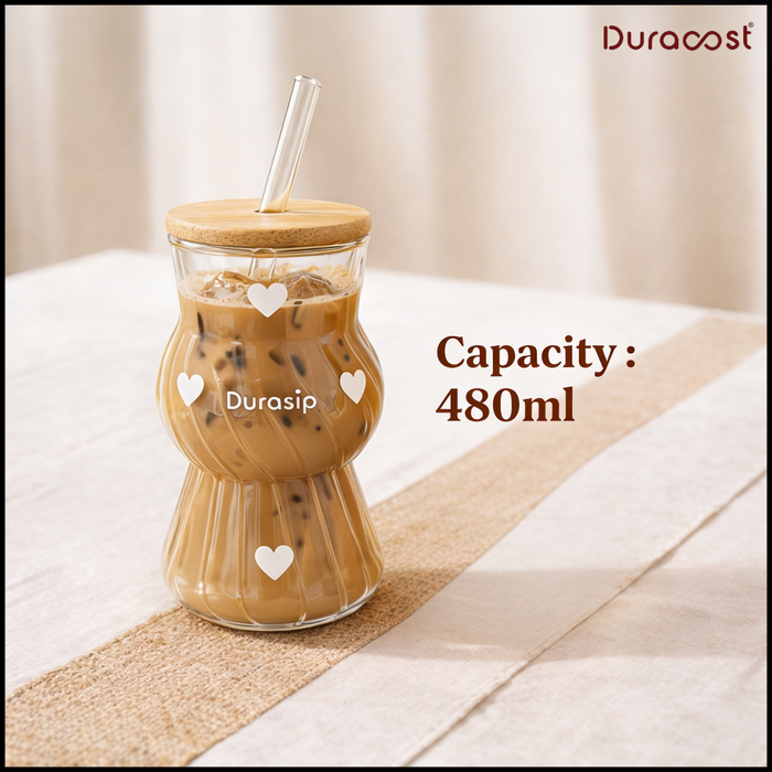 DuraSip™ Love Swirl – Glass Tumbler Set of 2 | Heart Design Sipper Cups with Lid & Straw