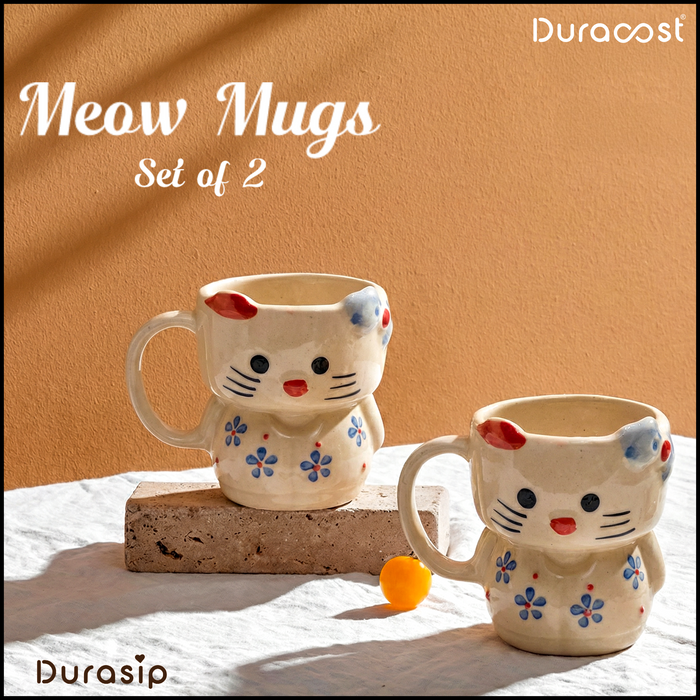 DuraSip™ Meow Mugs | Cute Cat-Shaped Ceramic Mugs – Set of 2