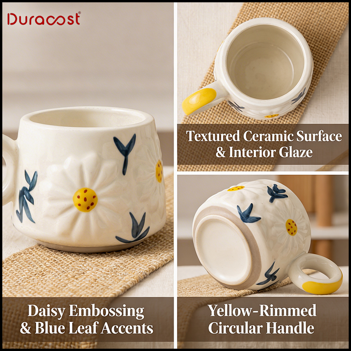 DuraSip™ Sunny Mugs – Premium Ceramic Coffee Mug Set of 2 | Floral Embossed Tea Cups