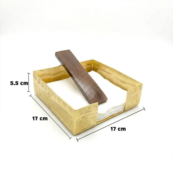 Elegant Square Tissue Holder with Wooden Handle - Gold