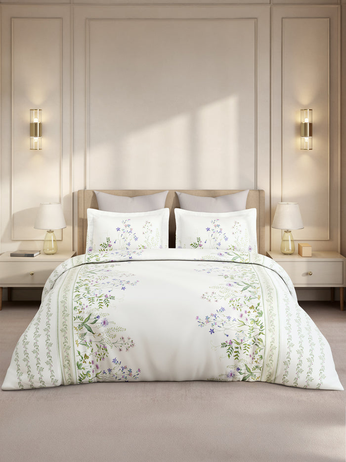 Gardenia Augusta 100% Cotton 300 TC King Bedsheet with 2 Pillow Covers | White & Green Floral Bedsheet Set