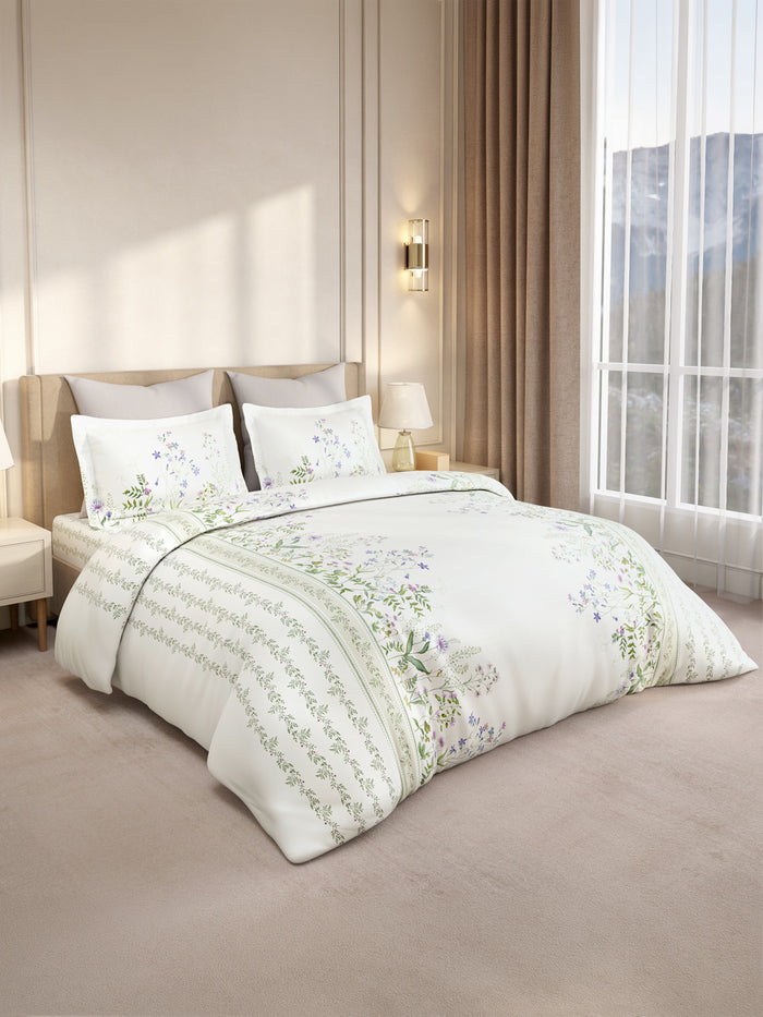 Gardenia Augusta 100% Cotton 300 TC King Bedsheet with 2 Pillow Covers | White & Green Floral Bedsheet Set