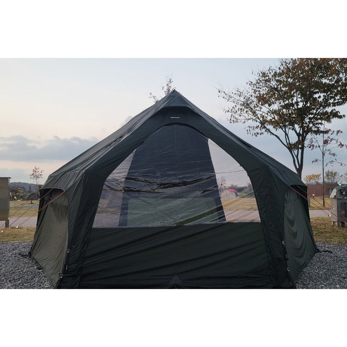 Dark olive shelter at dusk with the clear Gopamir G450 body TPU door panel installed across the front arch