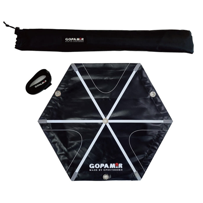 Gopamir G450 Guy-line Webbing hexagonal hub with grommets, drawstring storage sleeve and pouch on white background
