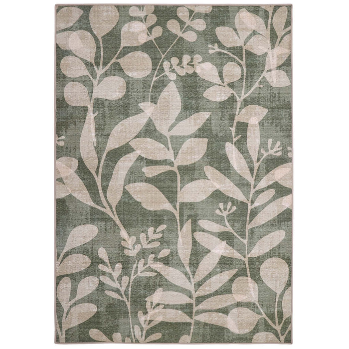 Eden Leaves Green- 100% recycled material rug featuring white florals against a green background.