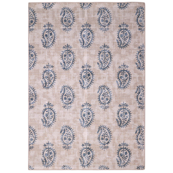 Hug Rug Eco-Washable Woodblock Paisley Blue- 100% recycled content rug featuring a blue paisley pattern.