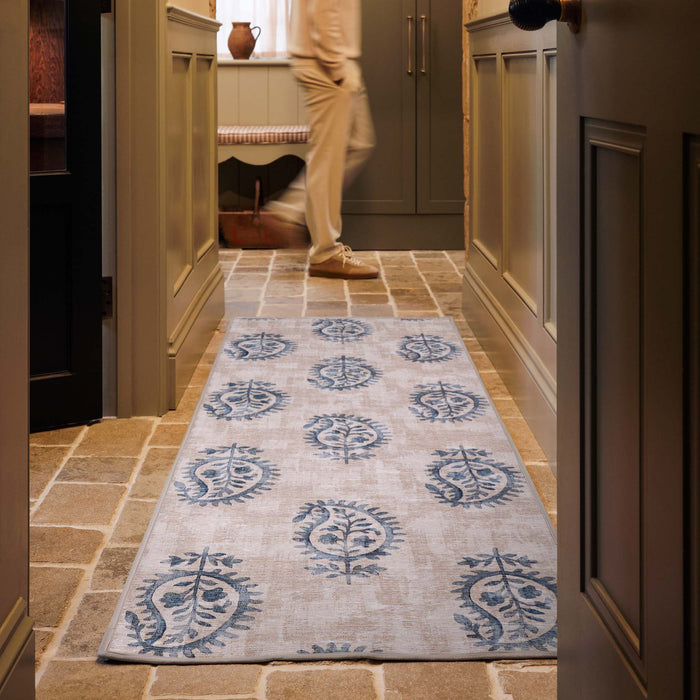 Hug Rug Eco-Washable Woodblock Paisley Blue- 100% recycled content rug featuring a blue paisley pattern.