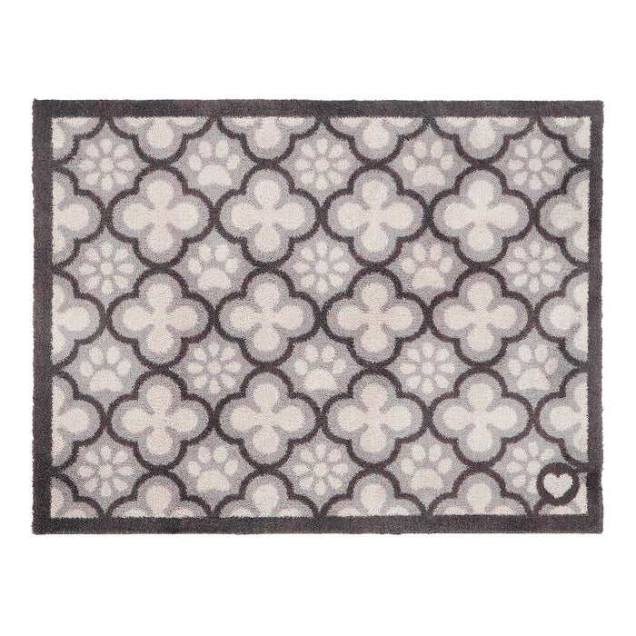 Paw Print Moroccan Tile Grey- 100% recycled cotton doormat with paws prints within a morrcccan style pattern.