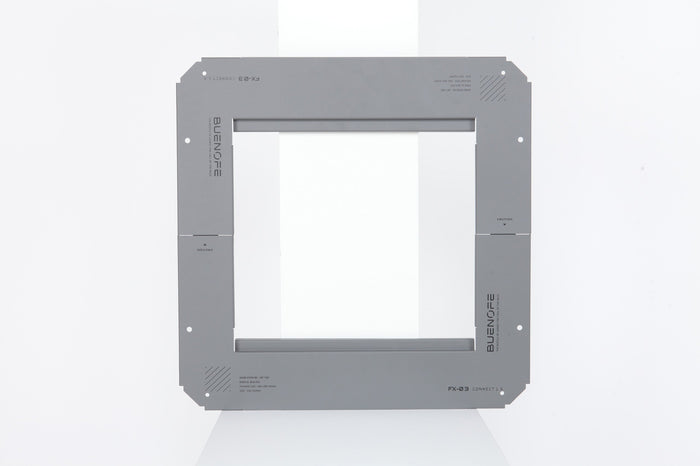 BUENOFE IGT Connect Table 1.5 shown front-on as a graphite-gray open square aluminum connector frame on a seamless white studio background, its slim rails and rounded corner tabs clearly visible.