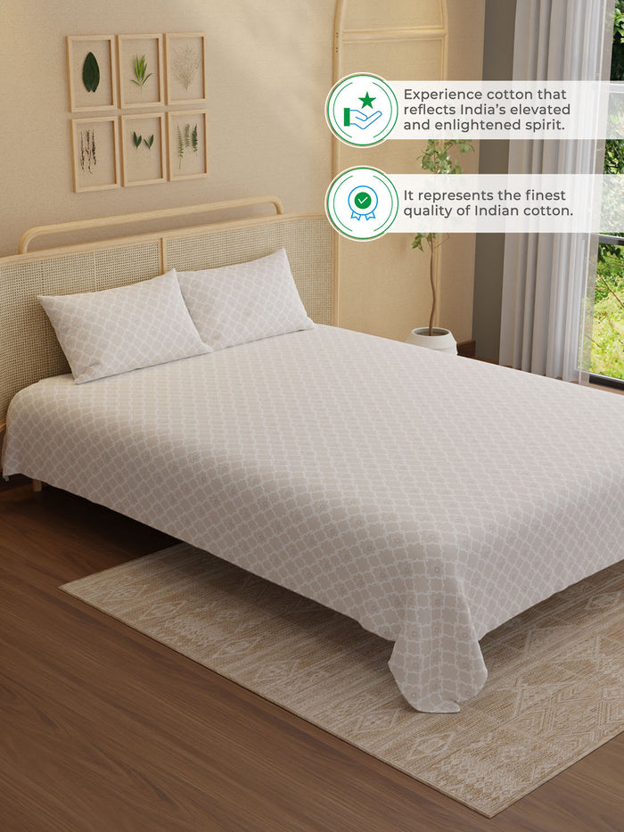 Indo Musk 100% Kasturi Cotton 200 TC King Bedsheet with 2 Pillow Covers | Beige Ethnic Print Bedsheet Set