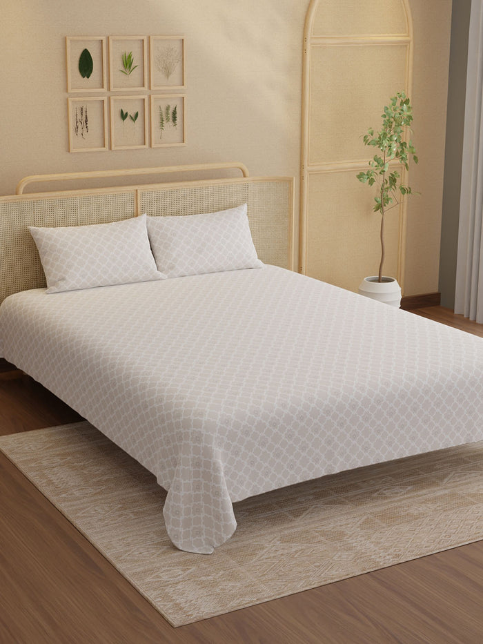 Indo Musk 100% Kasturi Cotton 200 TC King Bedsheet with 2 Pillow Covers | Beige Ethnic Print Bedsheet Set