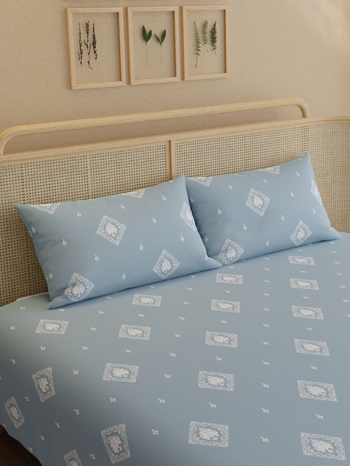 Indo Musk 100% Kasturi Cotton 200 TC King Bedsheet with 2 Pillow Covers | Blue Ethnic Print Bedsheet Set