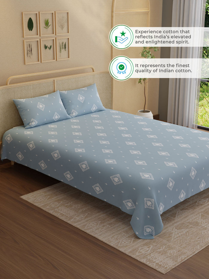 Indo Musk 100% Kasturi Cotton 200 TC King Bedsheet with 2 Pillow Covers | Blue Ethnic Print Bedsheet Set