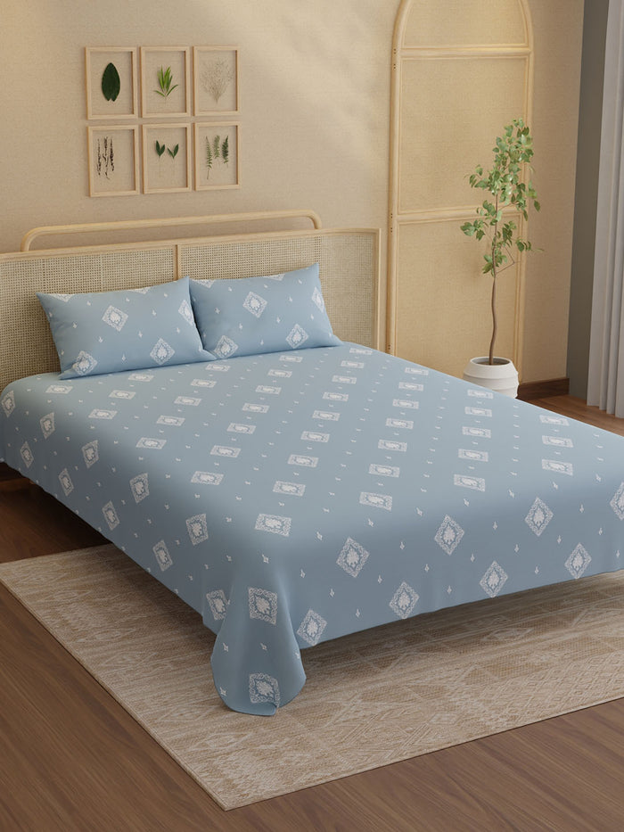 Indo Musk 100% Kasturi Cotton 200 TC King Bedsheet with 2 Pillow Covers | Blue Ethnic Print Bedsheet Set