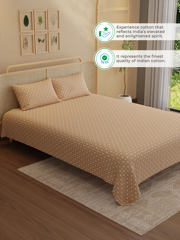 Indo Musk 100% Kasturi Cotton 200 TC King Bedsheet with 2 Pillow Covers | Brown Ethnic Print Bedsheet Set