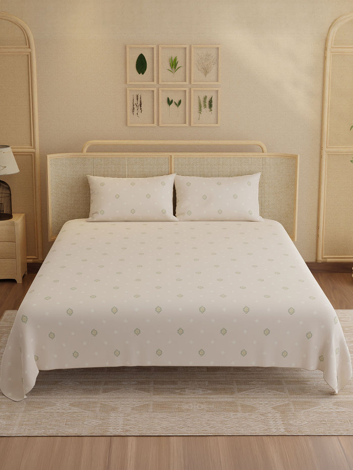 Indo Musk 100% Kasturi Cotton 200 TC King Bedsheet with 2 Pillow Covers | Cream Ethnic Print Bedsheet Set