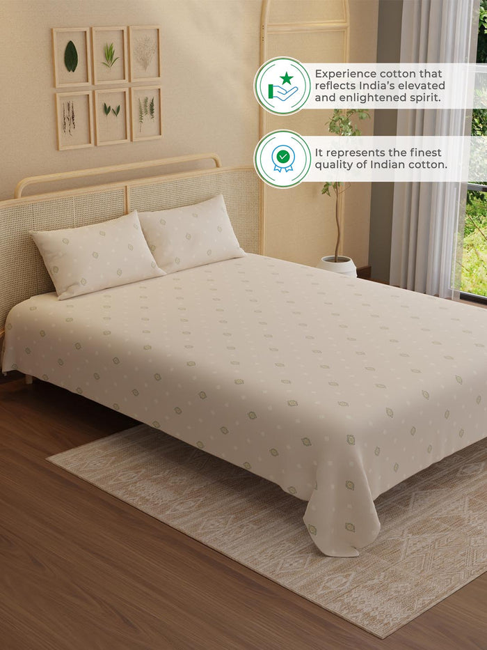 Indo Musk 100% Kasturi Cotton 200 TC King Bedsheet with 2 Pillow Covers | Cream Ethnic Print Bedsheet Set