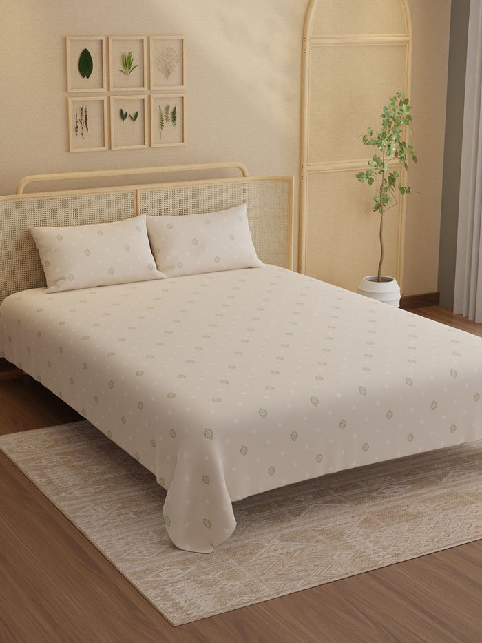 Indo Musk 100% Kasturi Cotton 200 TC King Bedsheet with 2 Pillow Covers | Cream Ethnic Print Bedsheet Set