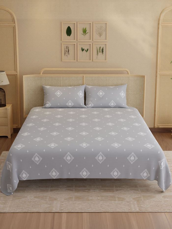 Indo Musk 100% Kasturi Cotton 200 TC King Bedsheet with 2 Pillow Covers | Grey Ethnic Print Bedsheet Set