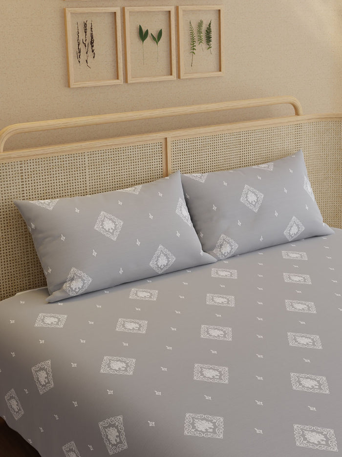Indo Musk 100% Kasturi Cotton 200 TC King Bedsheet with 2 Pillow Covers | Grey Ethnic Print Bedsheet Set