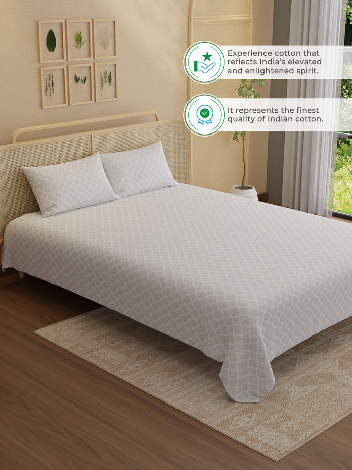Indo Musk 100% Kasturi Cotton 200 TC King Bedsheet with 2 Pillow Covers | Grey Ethnic Print Bedsheet Set