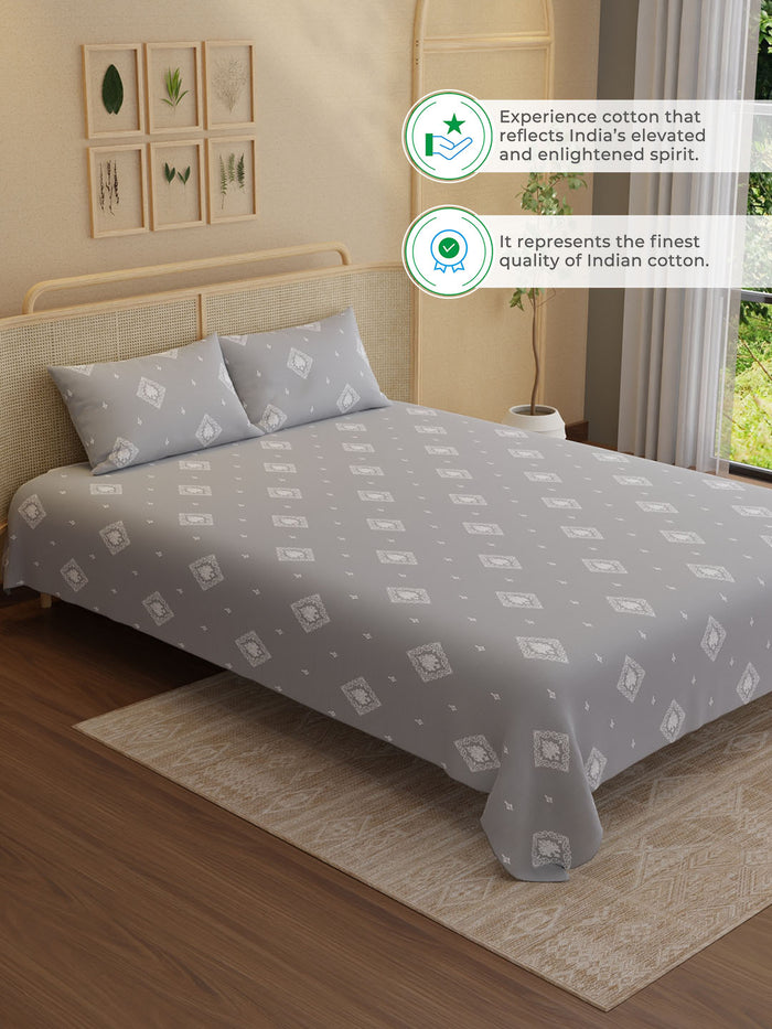 Indo Musk 100% Kasturi Cotton 200 TC King Bedsheet with 2 Pillow Covers | Grey Ethnic Print Bedsheet Set