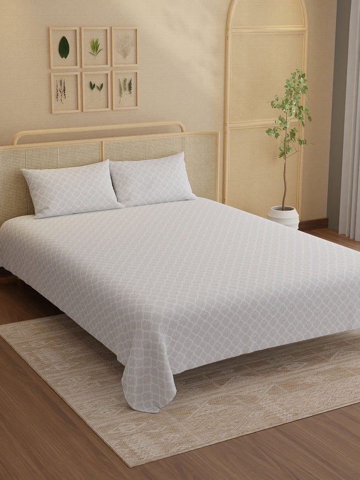 Indo Musk 100% Kasturi Cotton 200 TC King Bedsheet with 2 Pillow Covers | Grey Ethnic Print Bedsheet Set