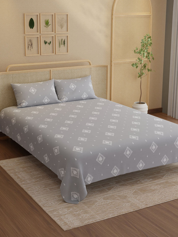 Indo Musk 100% Kasturi Cotton 200 TC King Bedsheet with 2 Pillow Covers | Grey Ethnic Print Bedsheet Set