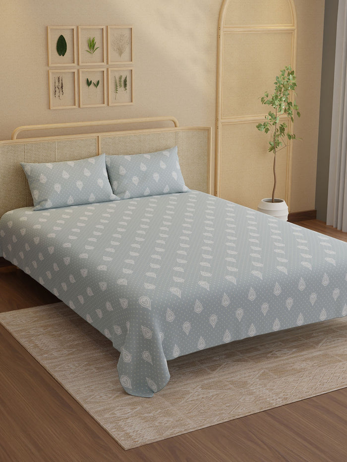 Indo Musk 100% Kasturi Cotton 200 TC King Bedsheet with 2 Pillow Covers | Grey & White Ethnic Print Bedsheet Set