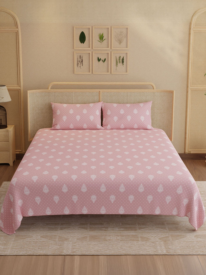 Indo Musk 100% Kasturi Cotton 200 TC King Bedsheet with 2 Pillow Covers | Pink Ethnic Print Bedsheet Set