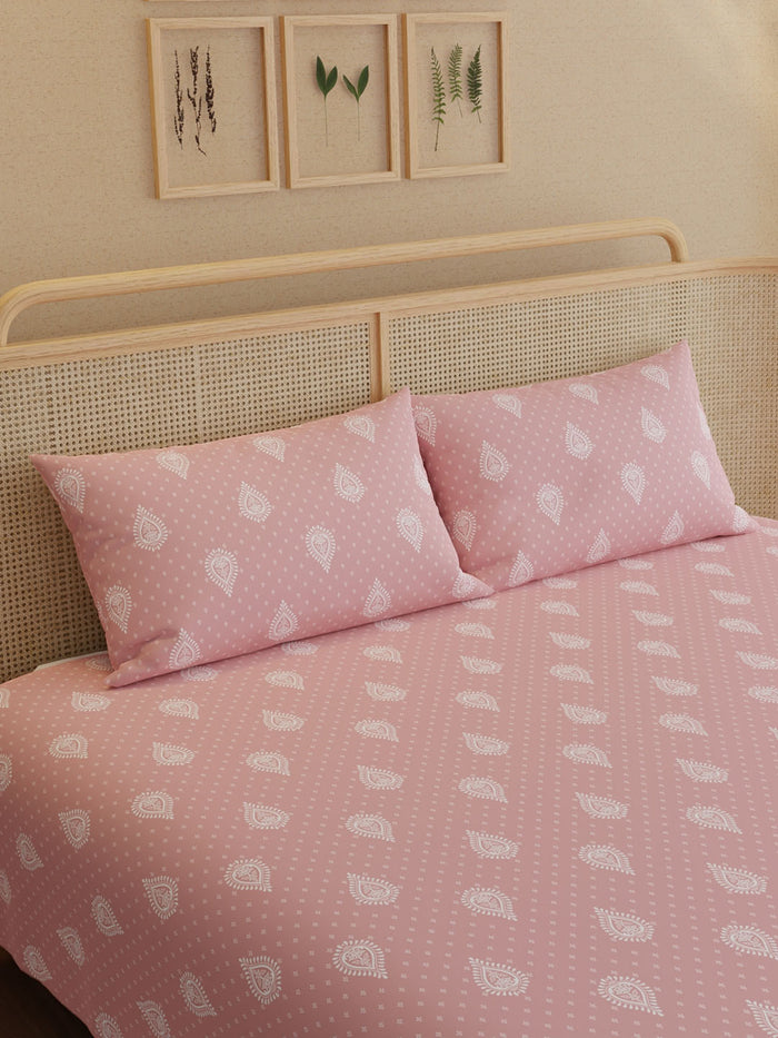 Indo Musk 100% Kasturi Cotton 200 TC King Bedsheet with 2 Pillow Covers | Pink Ethnic Print Bedsheet Set