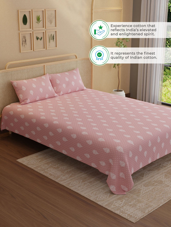 Indo Musk 100% Kasturi Cotton 200 TC King Bedsheet with 2 Pillow Covers | Pink Ethnic Print Bedsheet Set