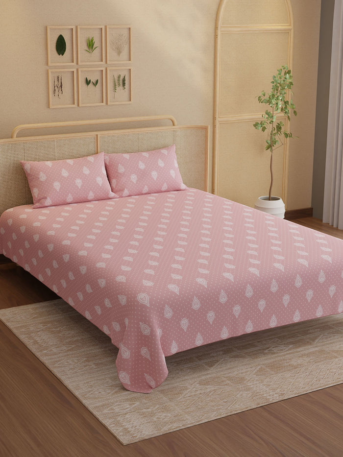 Indo Musk 100% Kasturi Cotton 200 TC King Bedsheet with 2 Pillow Covers | Pink Ethnic Print Bedsheet Set