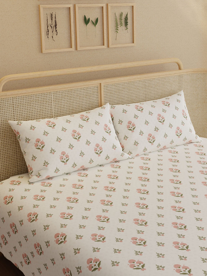 Indo Musk 100% Kasturi Cotton 200 TC King Bedsheet with 2 Pillow Covers | Pink & White Floral Bedsheet Set