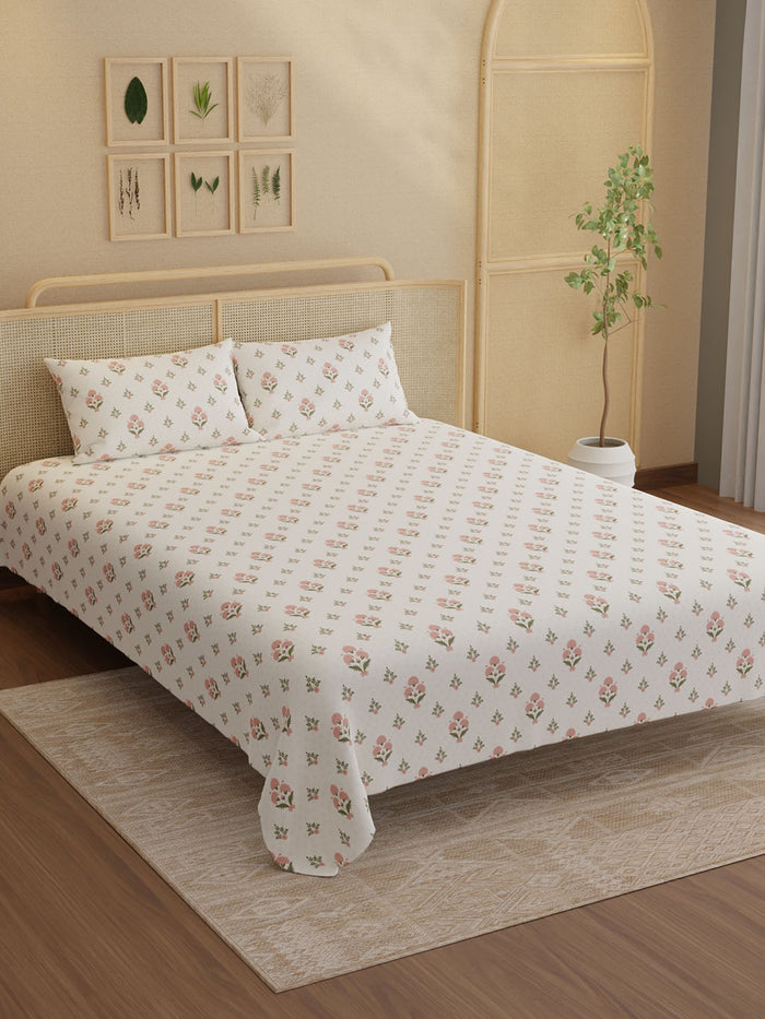 Indo Musk 100% Kasturi Cotton 200 TC King Bedsheet with 2 Pillow Covers | Pink & White Floral Bedsheet Set