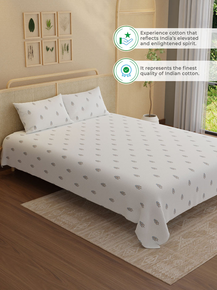 Indo Musk 100% Kasturi Cotton 200 TC King Bedsheet with 2 Pillow Covers | White & Blue Floral Bedsheet Set