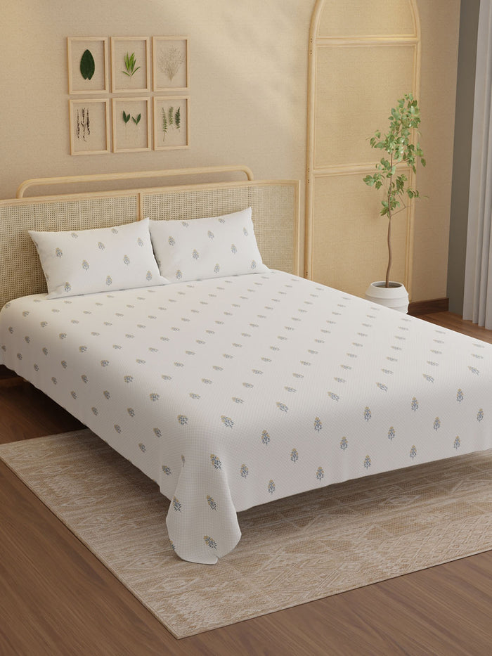 Indo Musk 100% Kasturi Cotton 200 TC King Bedsheet with 2 Pillow Covers | White & Yellow Floral Bedsheet Set