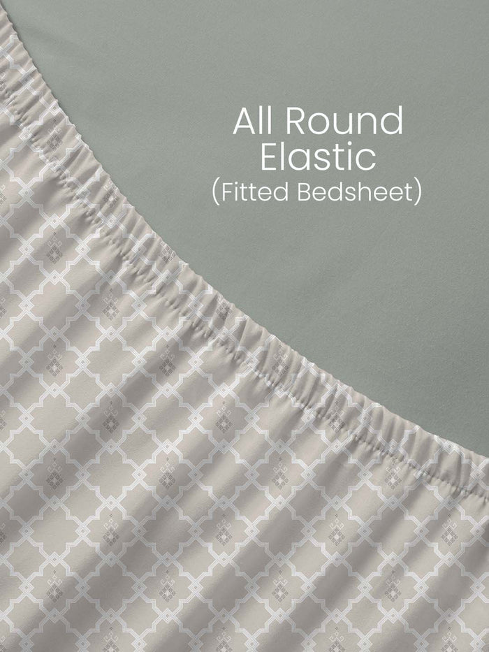 Indo Musk 100% Kasturi Cotton 200 TC King Fitted Sheet with 2 Pillow Covers | Beige Ethnic Print Fitted Sheet Set