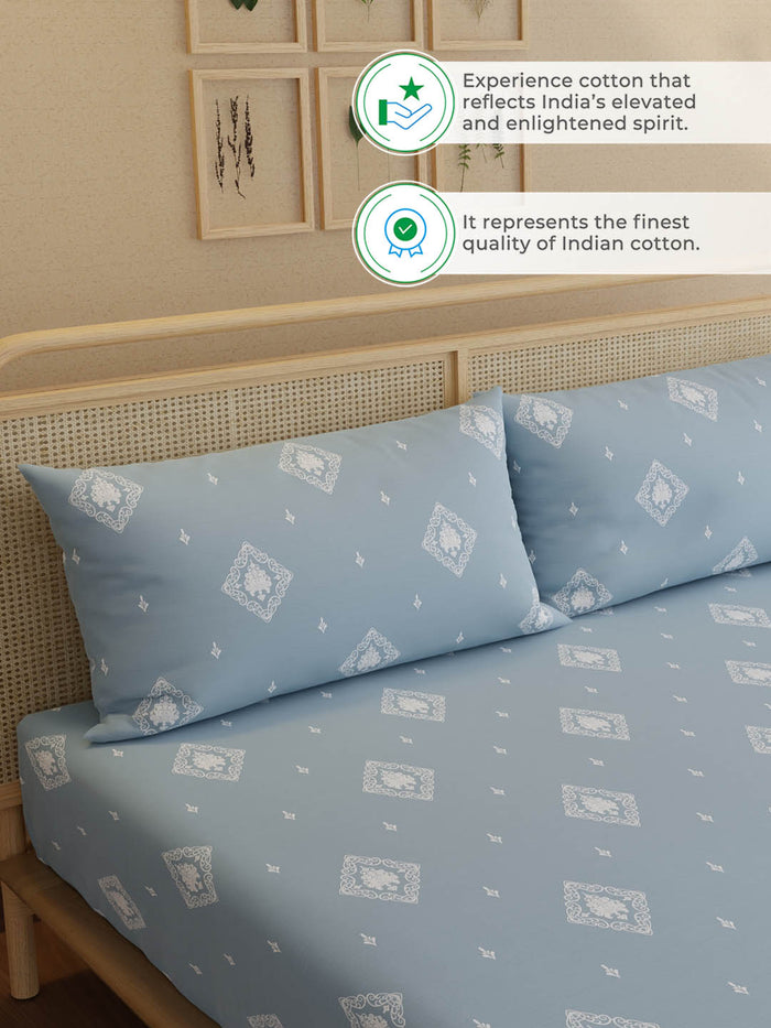 Indo Musk 100% Kasturi Cotton 200 TC King Fitted Sheet with 2 Pillow Covers | Blue Ethnic Print Fitted Sheet Set