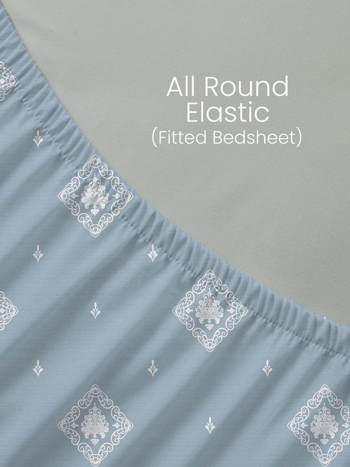 Indo Musk 100% Kasturi Cotton 200 TC King Fitted Sheet with 2 Pillow Covers | Blue Ethnic Print Fitted Sheet Set
