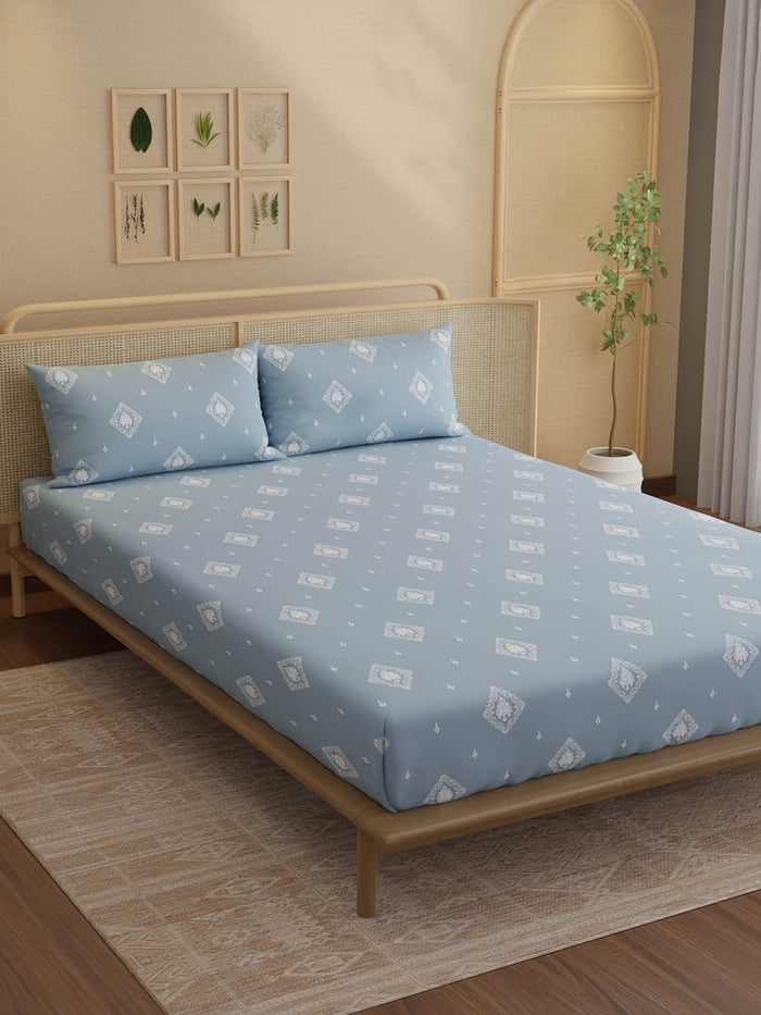 Indo Musk 100% Kasturi Cotton 200 TC King Fitted Sheet with 2 Pillow Covers | Blue Ethnic Print Fitted Sheet Set