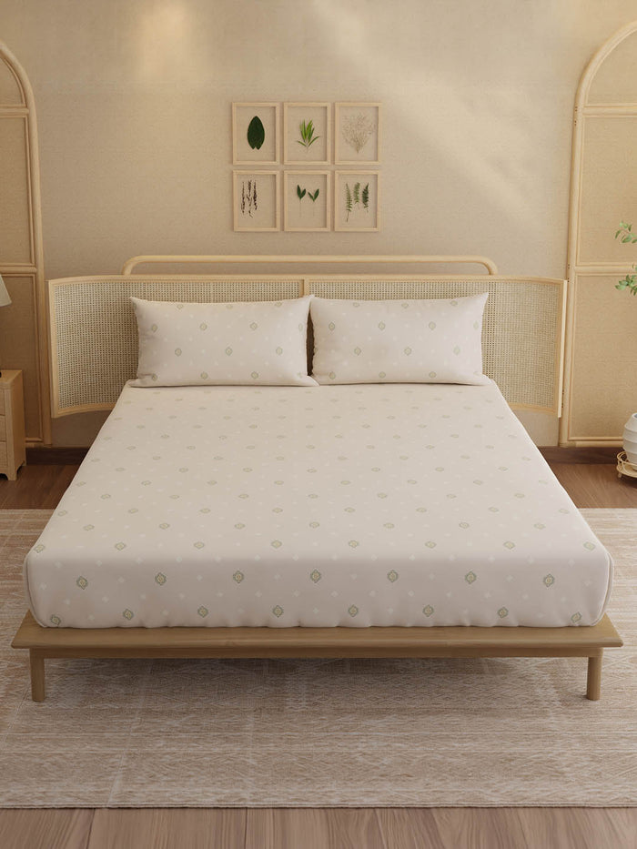 Indo Musk 100% Kasturi Cotton 200 TC King Fitted Sheet with 2 Pillow Covers | Cream Ethnic Print Fitted Sheet Set