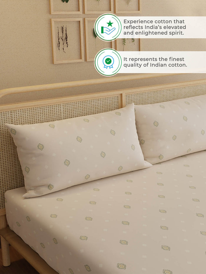 Indo Musk 100% Kasturi Cotton 200 TC King Fitted Sheet with 2 Pillow Covers | Cream Ethnic Print Fitted Sheet Set