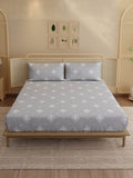 Indo Musk 100% Kasturi Cotton 200 TC King Fitted Sheet with 2 Pillow Covers | Grey & White Ethnic Print Fitted Sheet Set