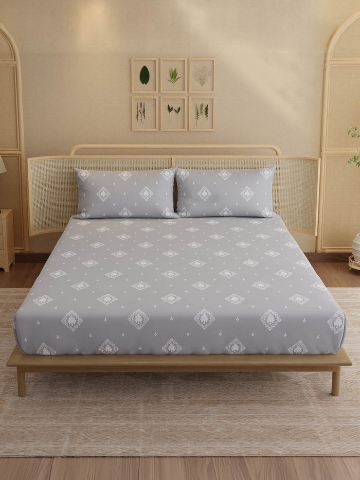 Indo Musk 100% Kasturi Cotton 200 TC King Fitted Sheet with 2 Pillow Covers | Grey & White Ethnic Print Fitted Sheet Set