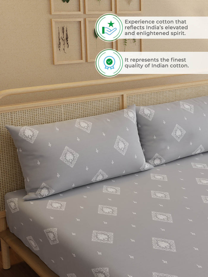 Indo Musk 100% Kasturi Cotton 200 TC King Fitted Sheet with 2 Pillow Covers | Grey & White Ethnic Print Fitted Sheet Set